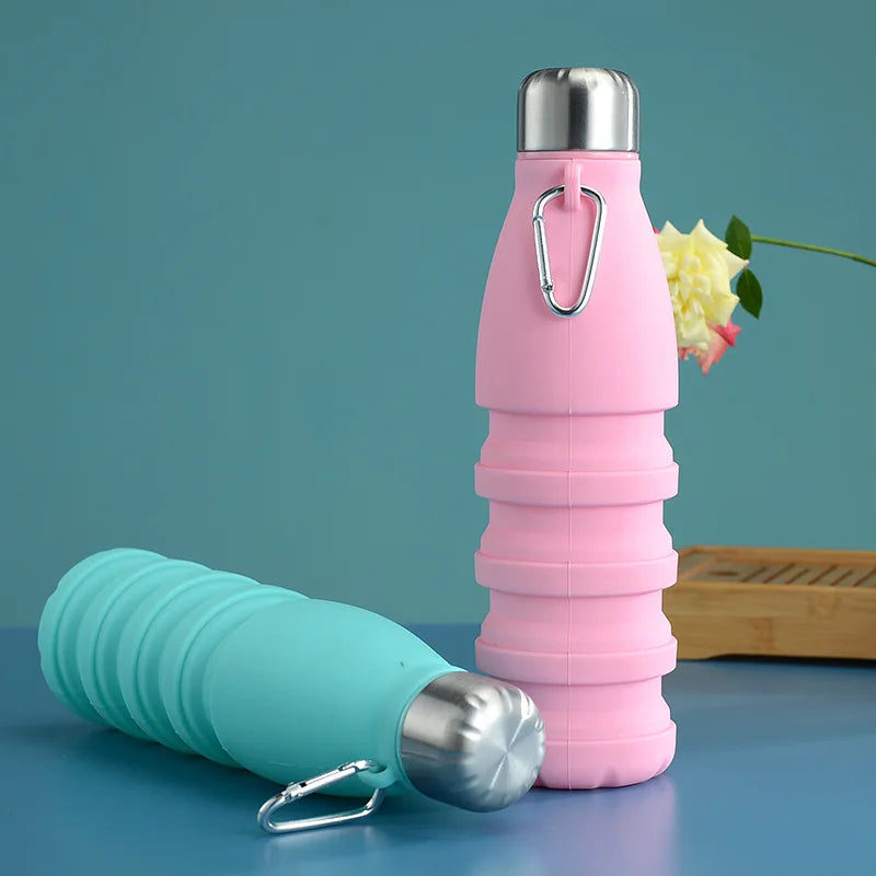 Portable Silicone Retractable Folding Water Bottle Travel Cup with Carabiner 550ML (18 ounces)