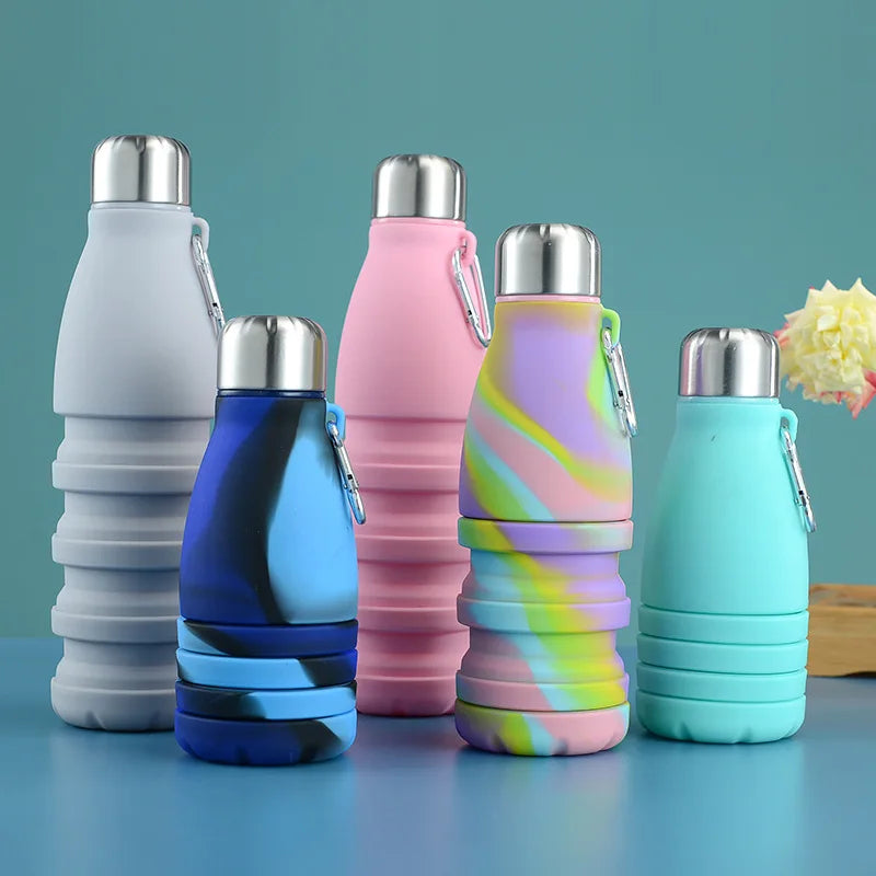 Portable Silicone Retractable Folding Water Bottle Travel Cup with Carabiner 550ML (18 ounces)