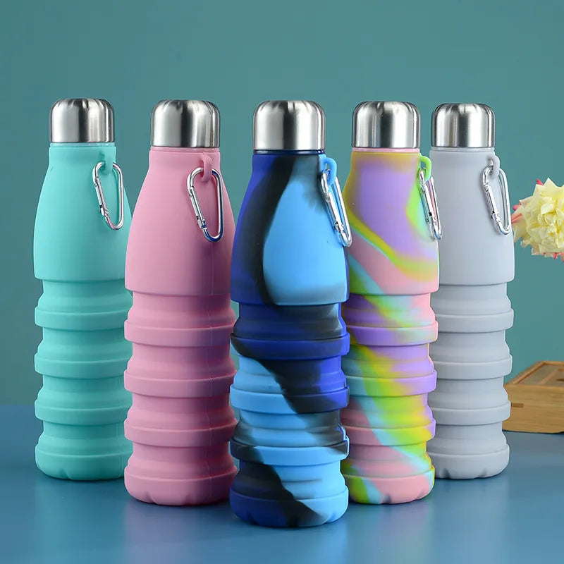 Portable Silicone Retractable Folding Water Bottle Travel Cup with Carabiner 550ML (18 ounces)