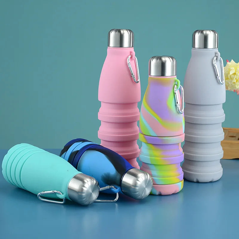 Portable Silicone Retractable Folding Water Bottle Travel Cup with Carabiner  550ML (18 ounces)